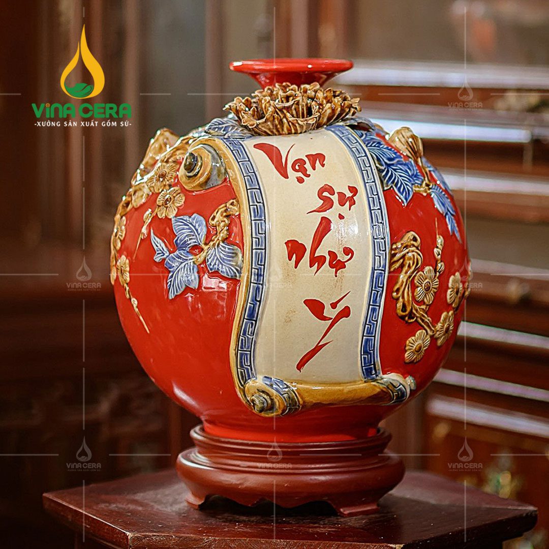 Xưởng Sản Xuất Bình Hút Tài Lộc Bát Tràng Theo Yêu Cầu - Giá Tốt Bình hút lộc đắp nổi Phát Tài Phát Lộc