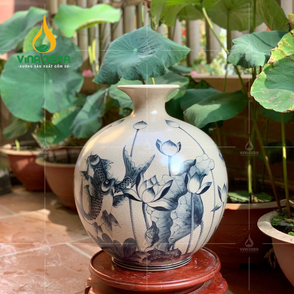 Catalogue Mẫu Bình Hút Lộc Mới Nhất + Báo Giá Bình Hút Lộc Bát Tràng Bình hút lộc men rạn họa tiết cá chép sen phú quý