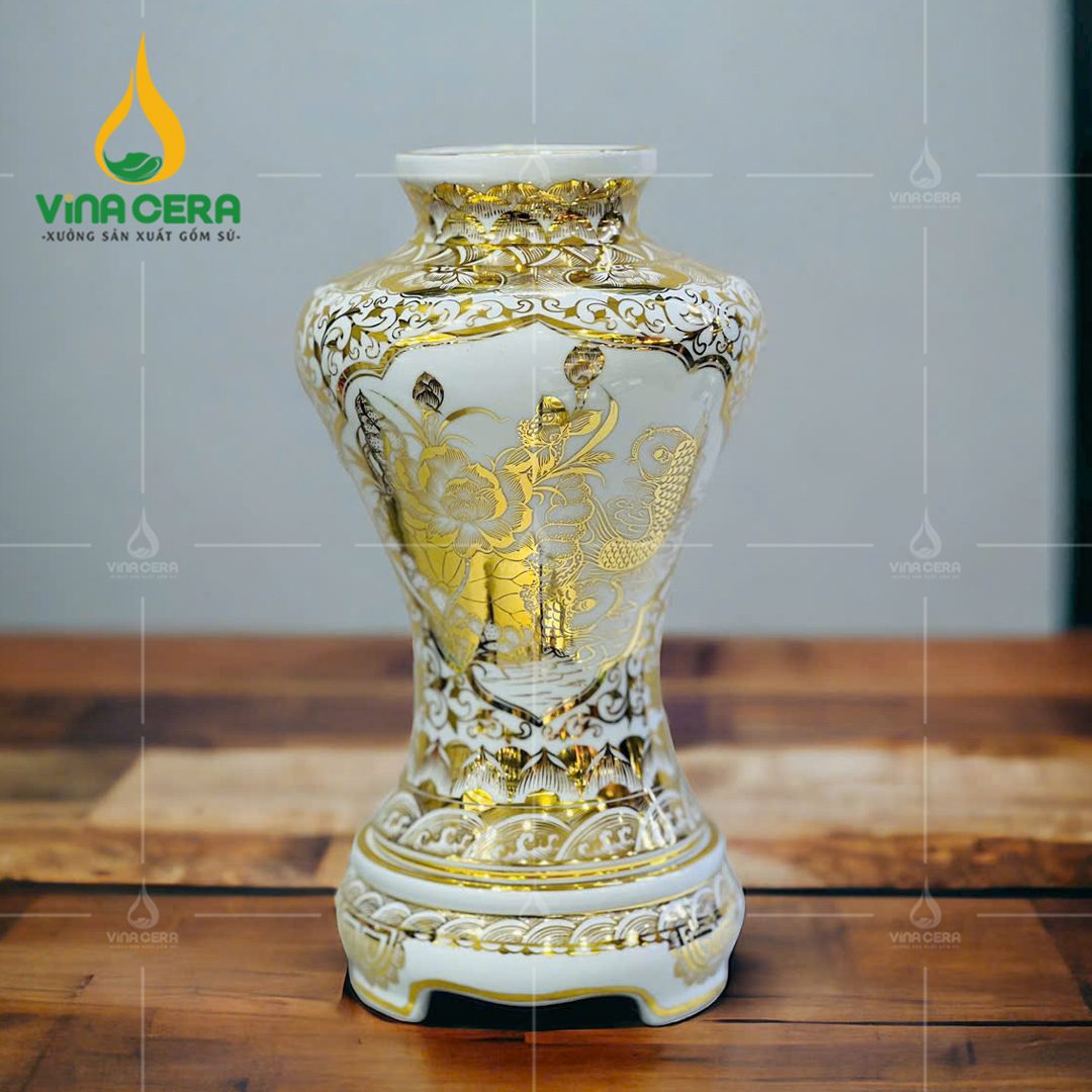 Catalogue Mẫu Bình Hút Lộc Mới Nhất + Báo Giá Bình Hút Lộc Bát Tràng Bình hút lộc vẽ vàng men trắng