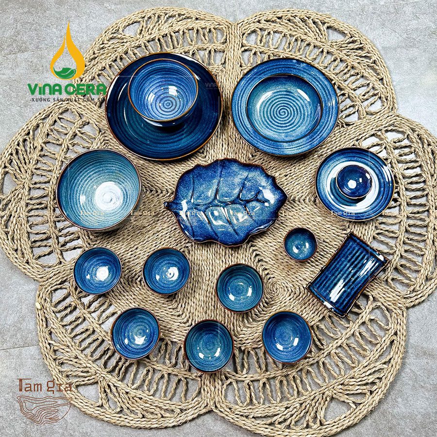 Bộ Bát Đĩa Bát Tràng men Hoa biến Xanh