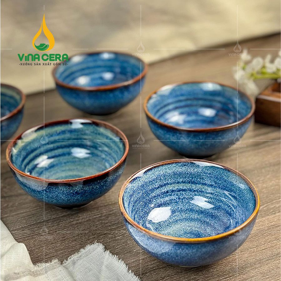 Bộ Bát Đĩa Bát Tràng men Hoa biến Xanh