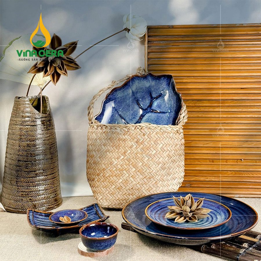Bộ Bát Đĩa Bát Tràng men Hoa biến Xanh