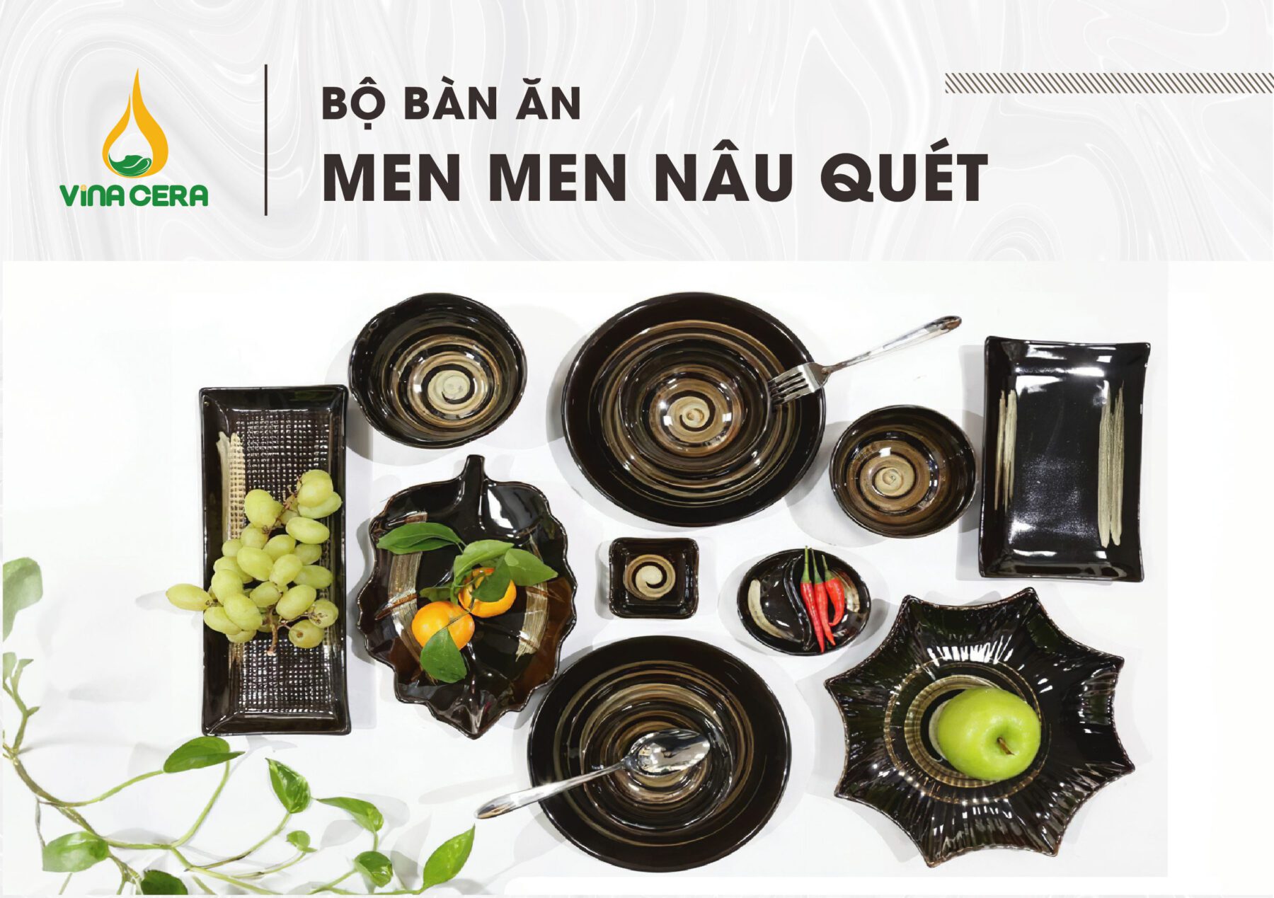 Bát đĩa Men Nâu Quét