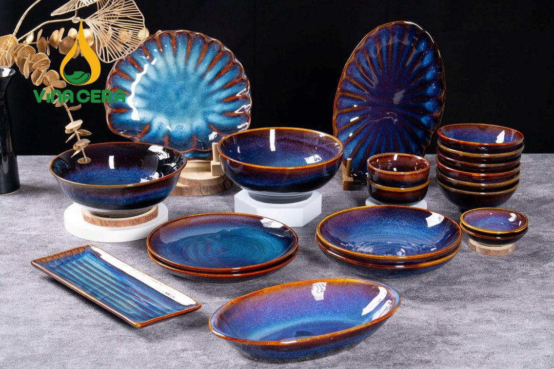 Bộ Bát Đĩa Bát Tràng men Hoa biến Xanh