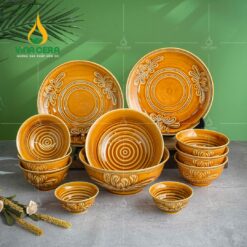 Chén đĩa sứ dáng sen men hoàng thổ