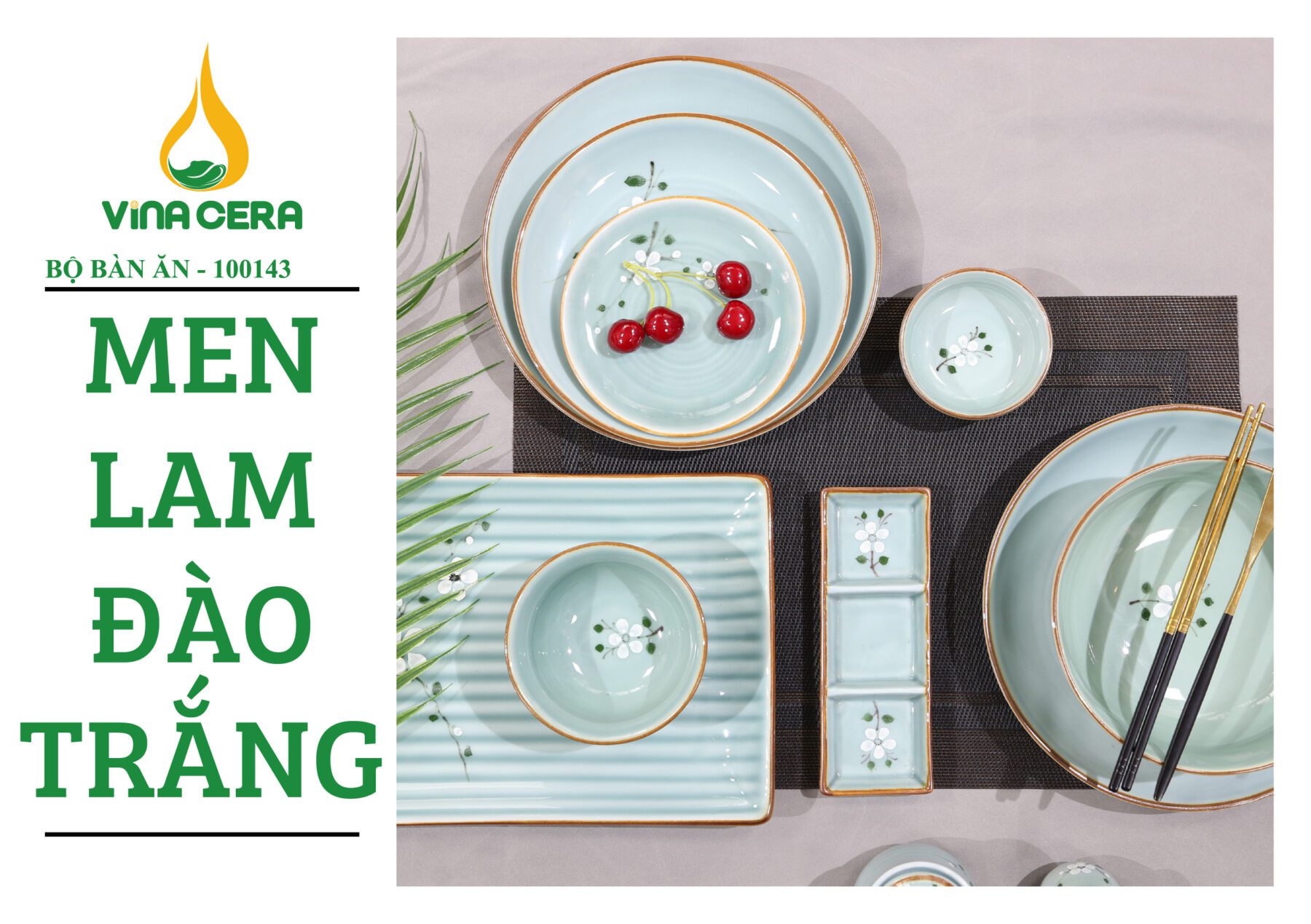 Bộ Bát Đĩa Bát Tràng men lam Hoa Đào Trắng