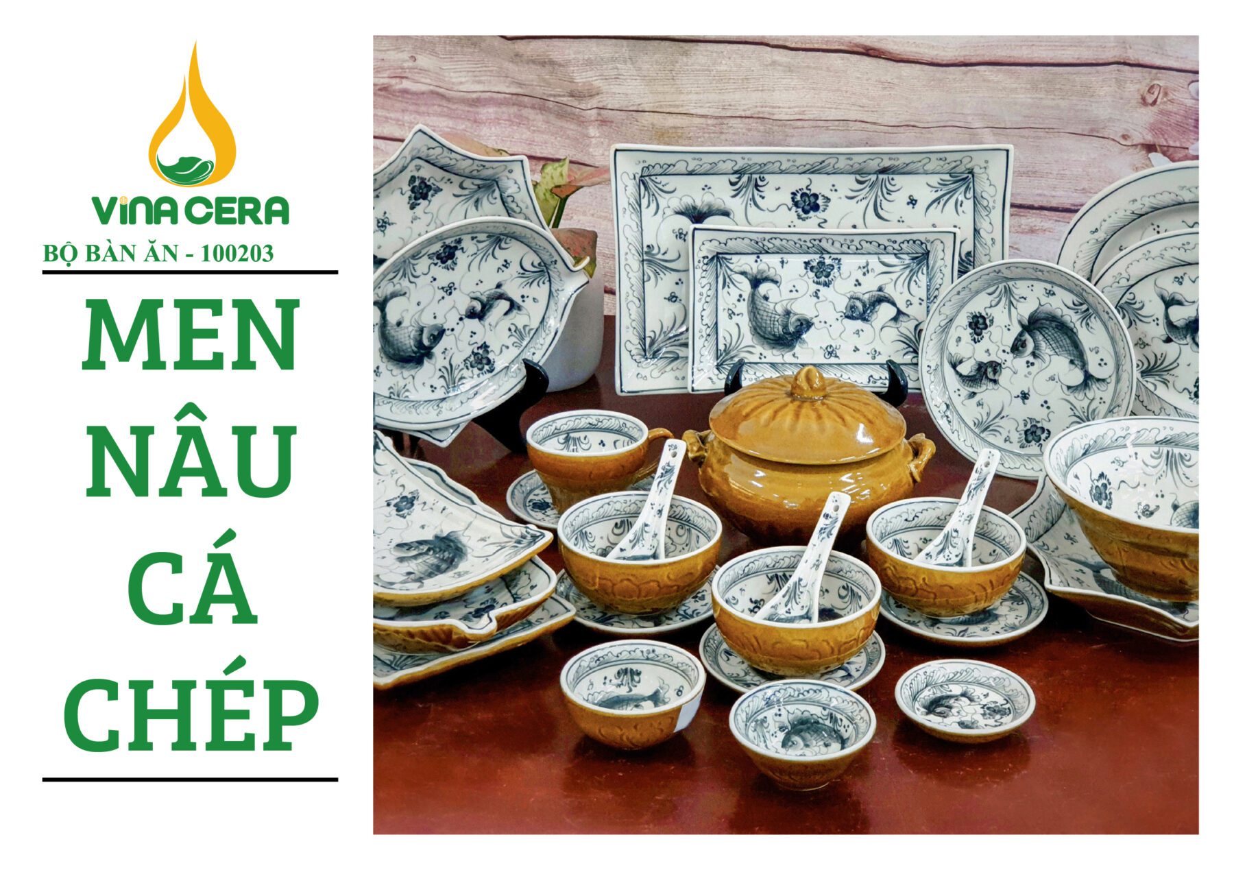 Bộ Bát Đĩa Bát Tràng men nâu vẽ cá chép