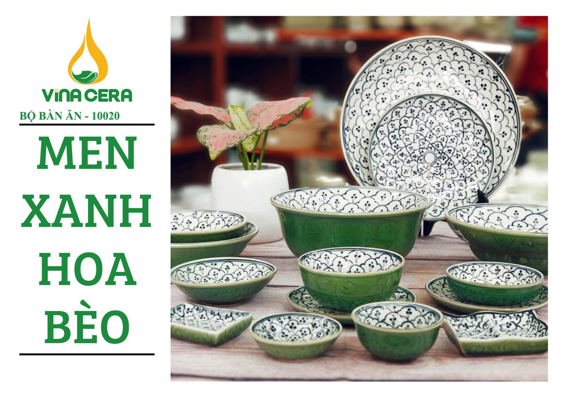 Bộ Bát Đĩa Bát Tràng men xanh hoa bèo