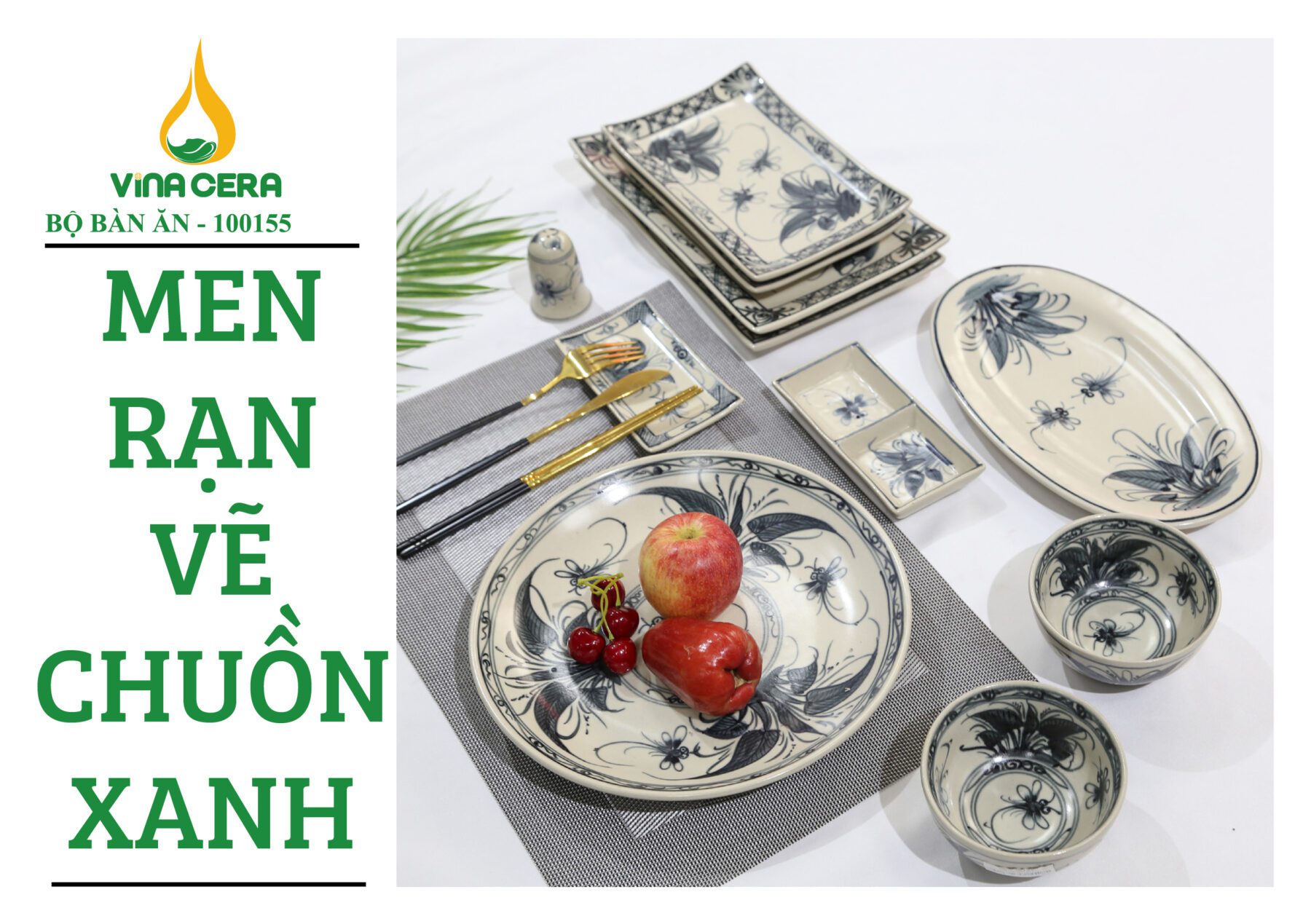 Bộ Bát Đĩa Bát Tràng vẽ sen chuồn