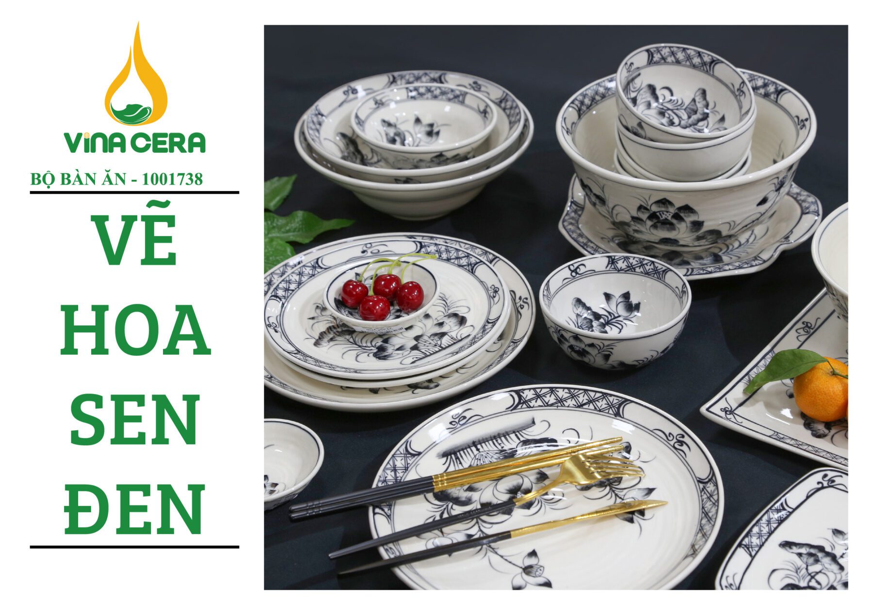 Bộ Bát Đĩa Bát Tràng vẽ hoa sen