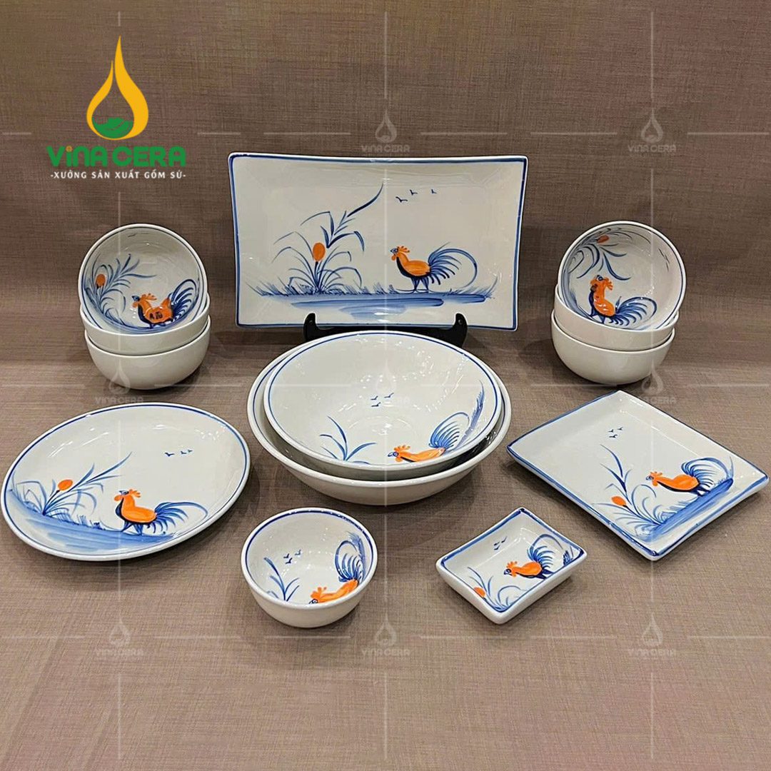 Bộ bàn ăn Bát Tràng men kem họa tiết gà trống