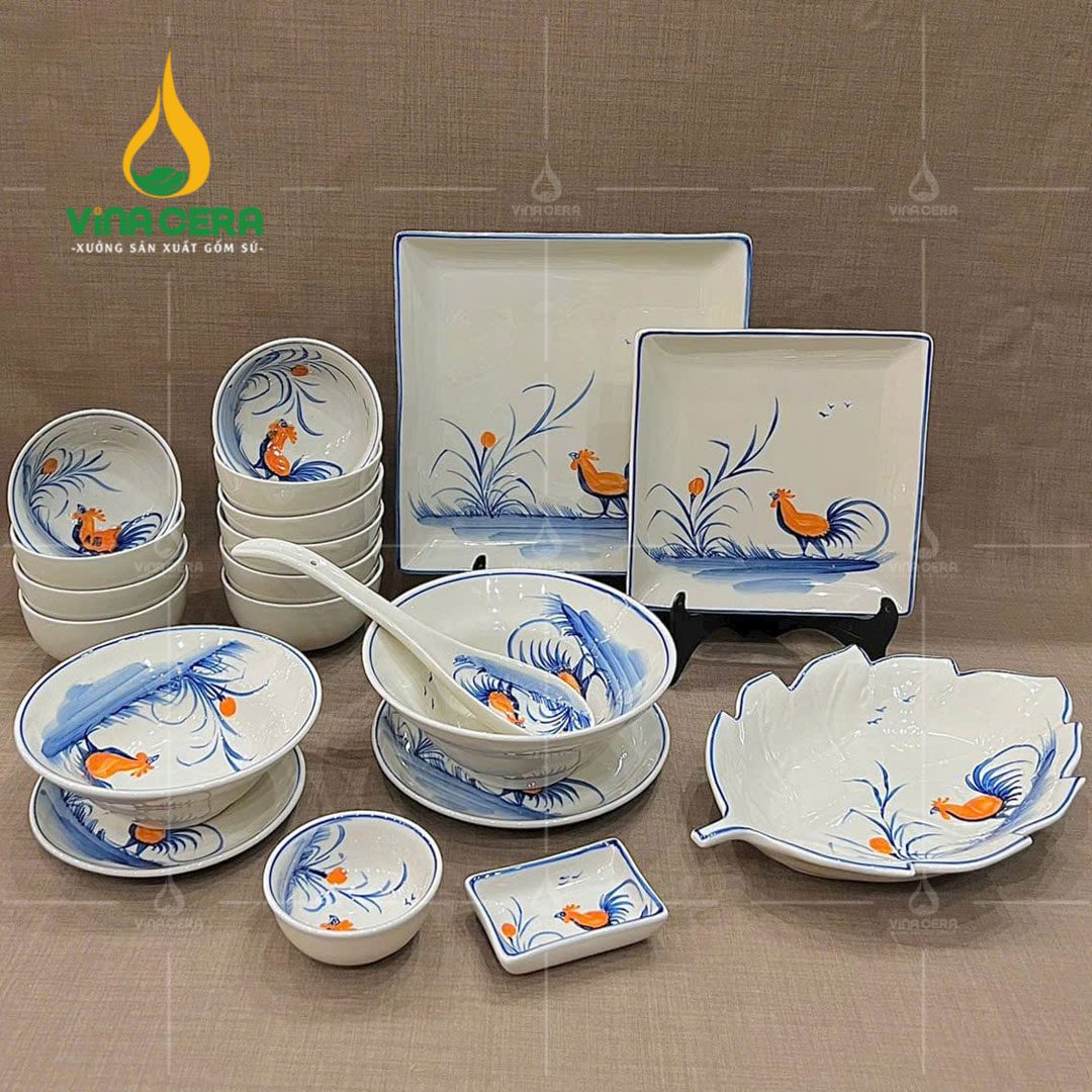 Bộ bàn ăn Bát Tràng men kem họa tiết gà trống