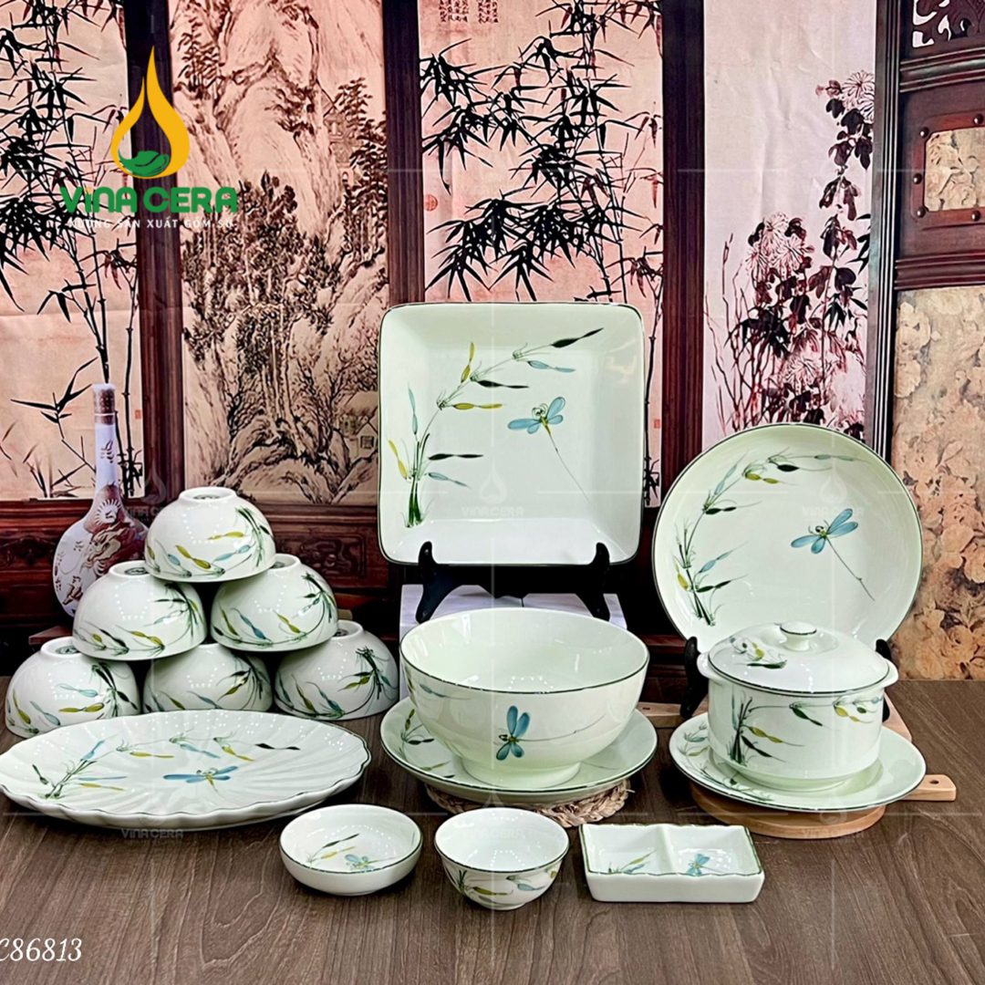 Bộ bàn ăn Bát Tràng men kem vẽ trúc chuồn