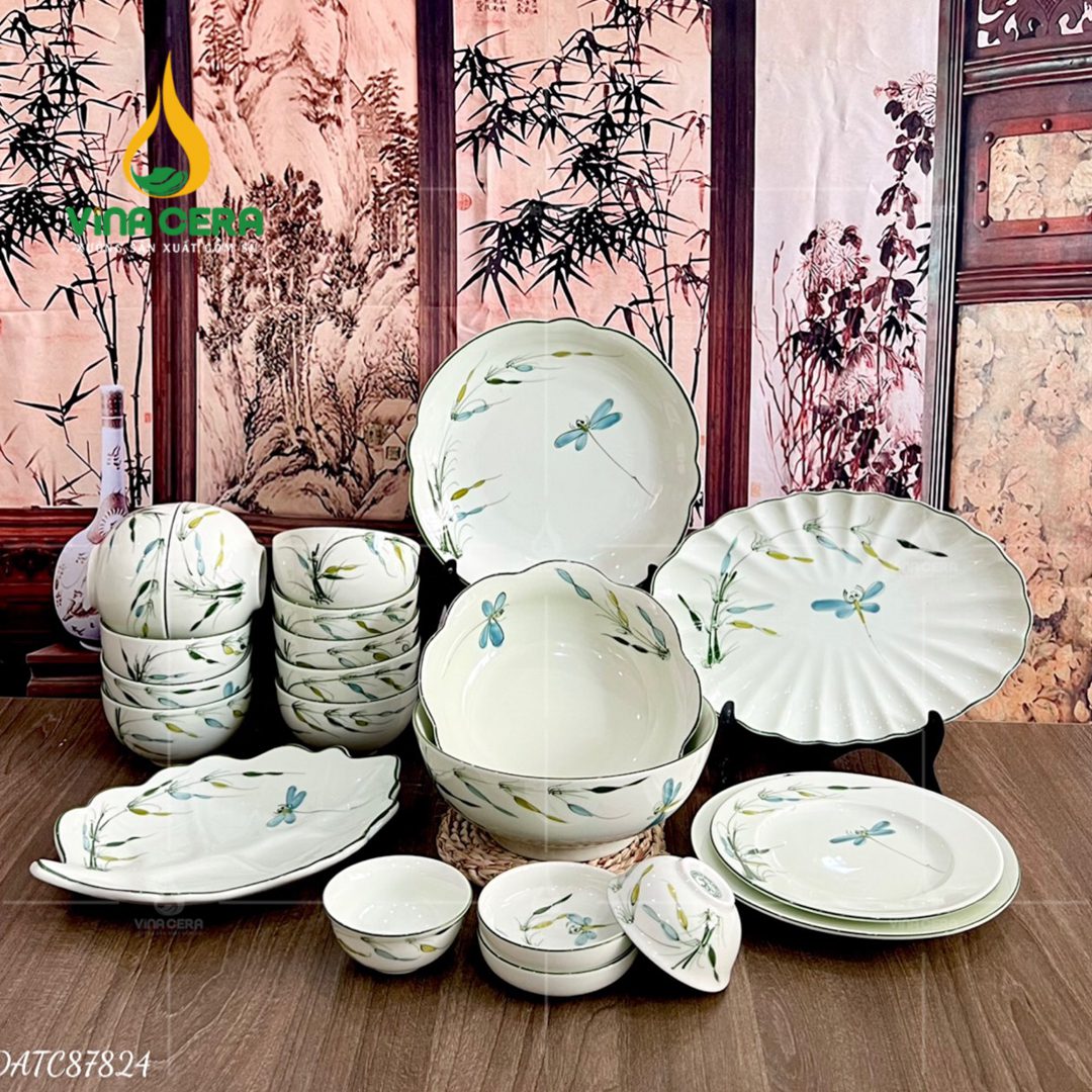 Bộ bàn ăn Bát Tràng men kem vẽ trúc chuồn