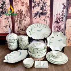 Bộ bàn ăn Bát Tràng men kem vẽ trúc chuồn