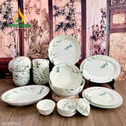 Bộ bàn ăn Bát Tràng men kem vẽ trúc chuồn