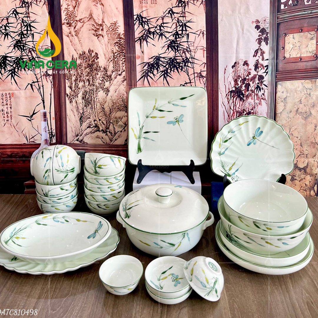 Bộ bàn ăn Bát Tràng men kem vẽ trúc chuồn