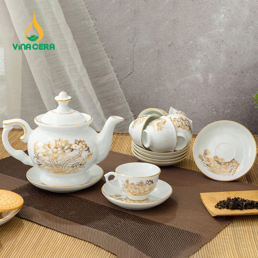 Bộ Ấm Trà Đài Cát Vàng Kim VN AC 38 Bộ Ấm Chén Đài Các Vẽ Hoa Sen Vàng Kim