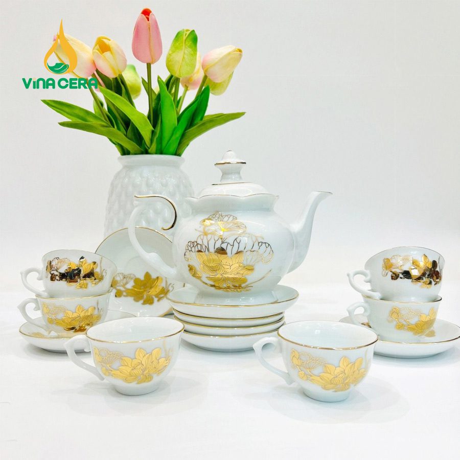 Bộ Ấm Trà Đài Cát Vàng Kim VN AC 38 Bộ Ấm Chén Đài Các Vẽ Hoa Sen Vàng Kim