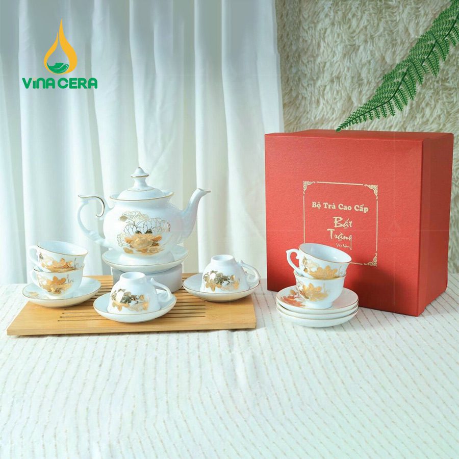 Bộ Ấm Trà Đài Cát Vàng Kim VN AC 38 Bộ Ấm Chén Đài Các Vẽ Hoa Sen Vàng Kim
