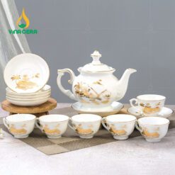 Bộ Ấm Chén Đài Các Vẽ Làng Quê Vàng Kim