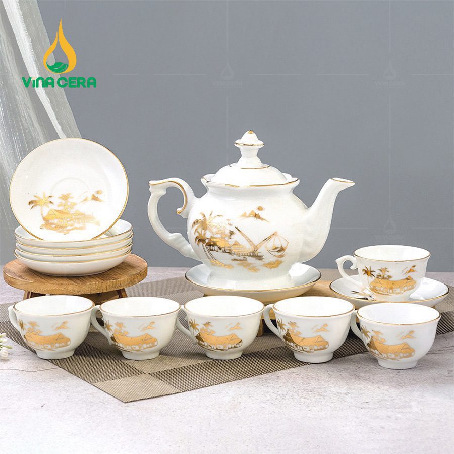 Bộ Ấm Trà Đài Cát Vàng Kim VN AC 38 Bộ Ấm Chén Đài Các Vẽ Làng Quê Vàng Kim