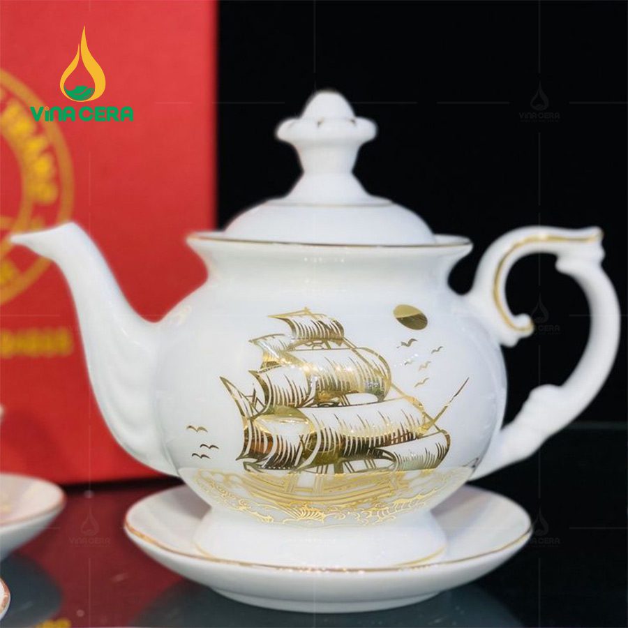 Bộ Ấm Trà Đài Cát Vàng Kim VN AC 38 Bộ Ấm Chén Đài Các Vẽ Vàng Thuận Buồm Xuôi Gió