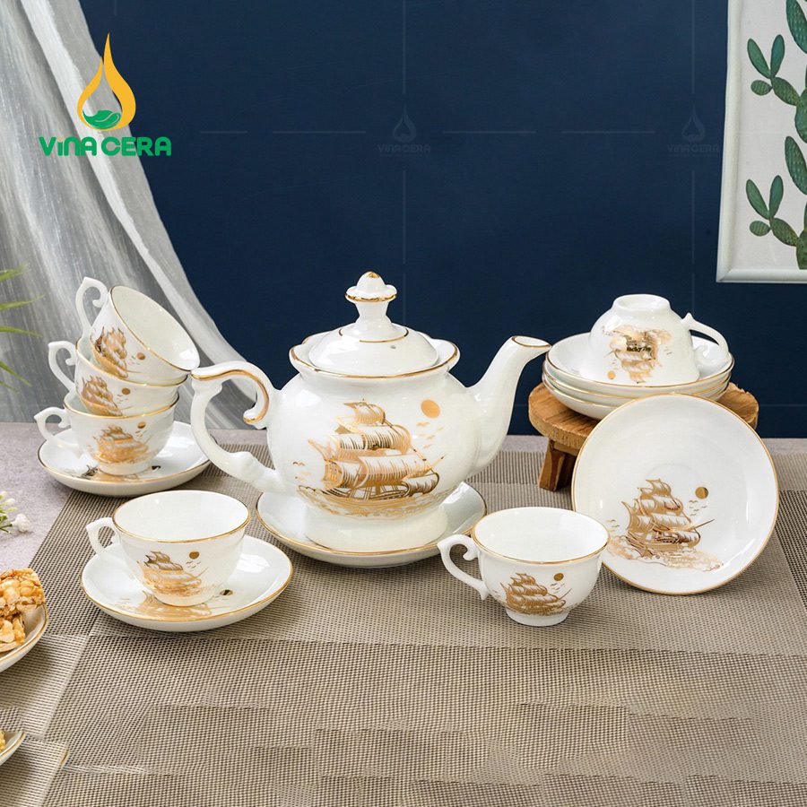 Bộ Ấm Trà Đài Cát Vàng Kim VN AC 38 Bộ Ấm Chén Đài Các Vẽ Vàng Thuận Buồm Xuôi Gió