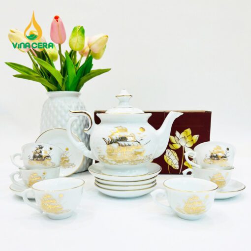 Bộ Ấm Chén Đài Các Vẽ Vàng Thuận Buồm Xuôi Gió