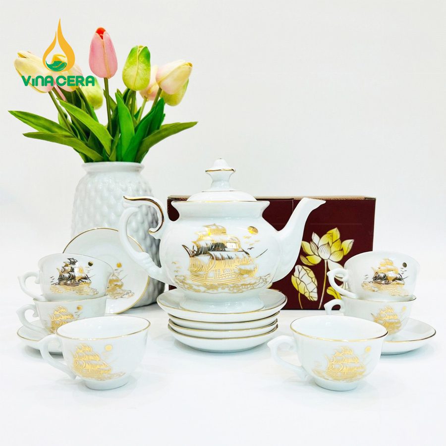 Bộ Ấm Trà Đài Cát Vàng Kim VN AC 38 Bộ Ấm Chén Đài Các Vẽ Vàng Thuận Buồm Xuôi Gió