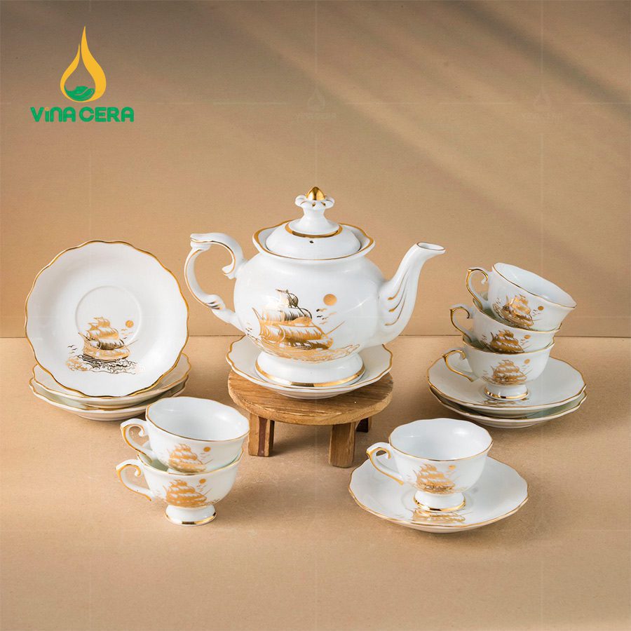 Bộ Ấm Trà Đài Cát Vàng Kim VN AC 38 Bộ Ấm Chén Đài Các Vẽ Vàng Thuận Buồm Xuôi Gió