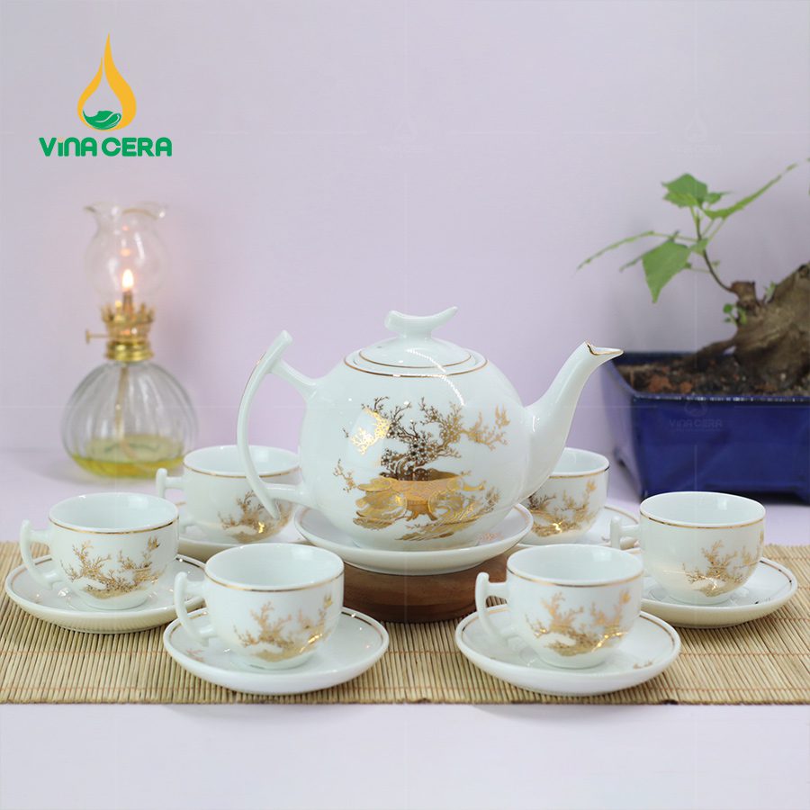 Bộ Ấm Chén Nắp Trăng Khuyết Vẽ Vàng Công Đào