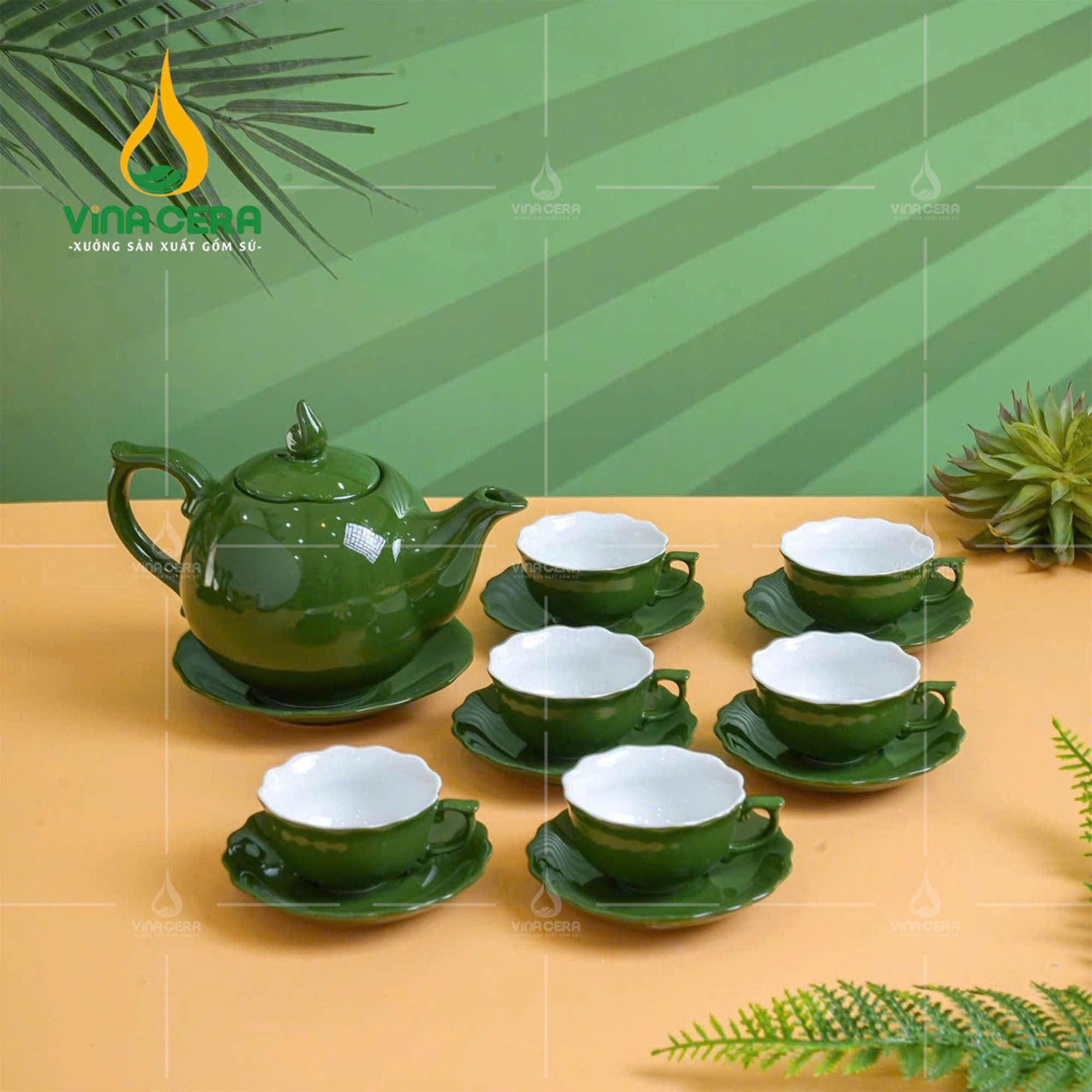 Bộ Ấm Trà Bát Tràng Xanh Lục Bảo