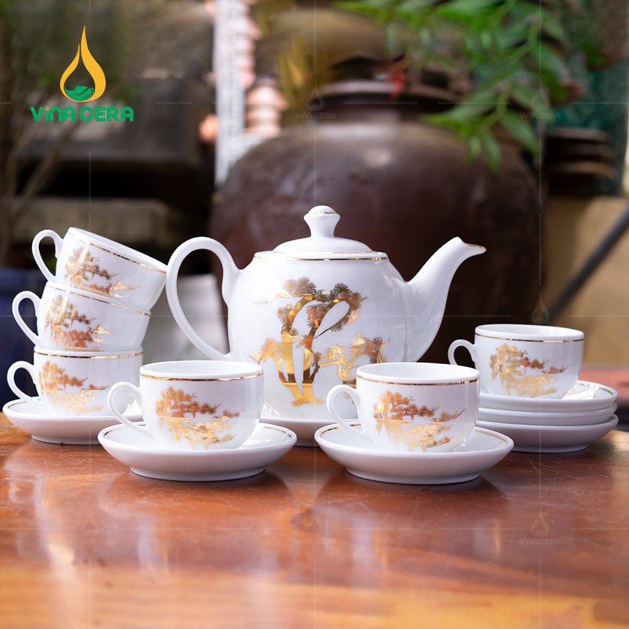 Bộ Ấm Trà Dáng Minh Long Vẽ Vàng VN AC 40