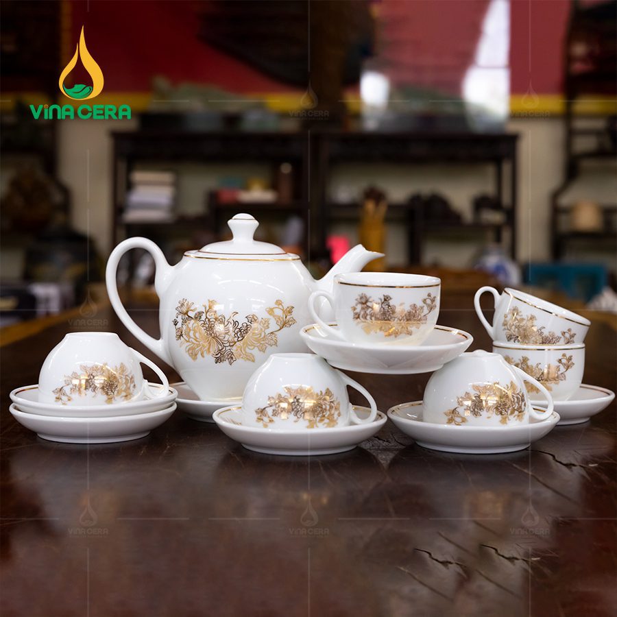 Bộ Ấm Trà Dáng Minh Long Vẽ Vàng VN AC 40