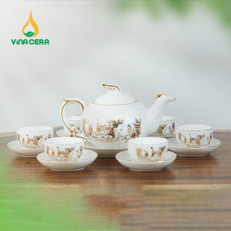 Bộ Ấm Trà Phượng Hoàng Vàng Kim VN AC 45 Ấm Chén Phượng Hoàng Trúc Lâm Thất Hiền Vàng Kim