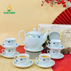 Bộ Ấm Trà Viền Dây Hoa Men Trắng Dáng Minh Long AC012724