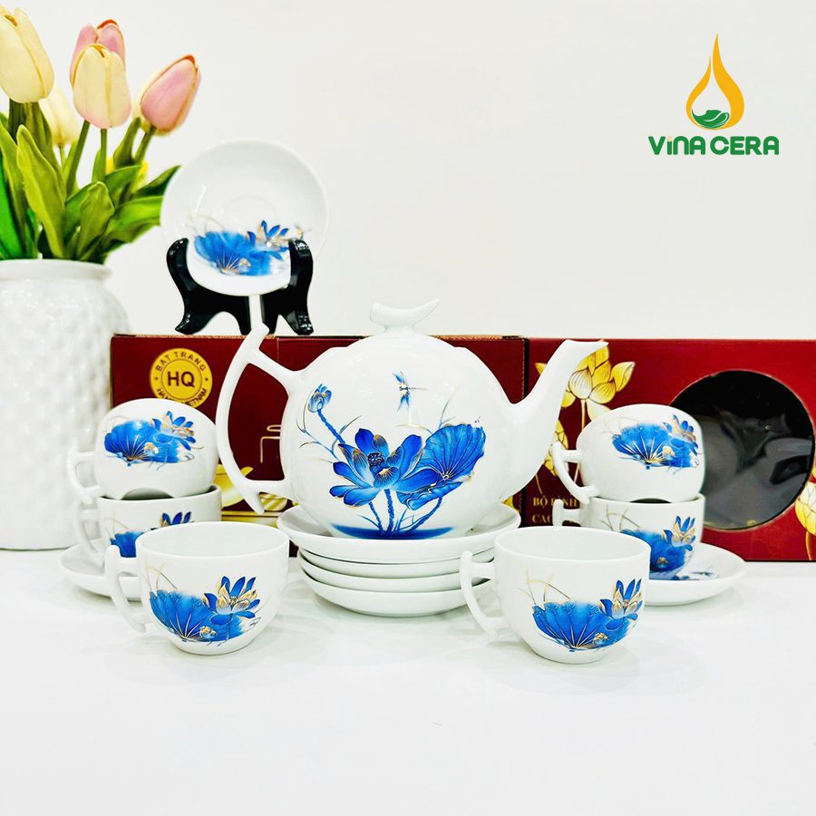 Bộ Ấm Trà Viền Vàng Sen Chuồn Xanh VN AC 54