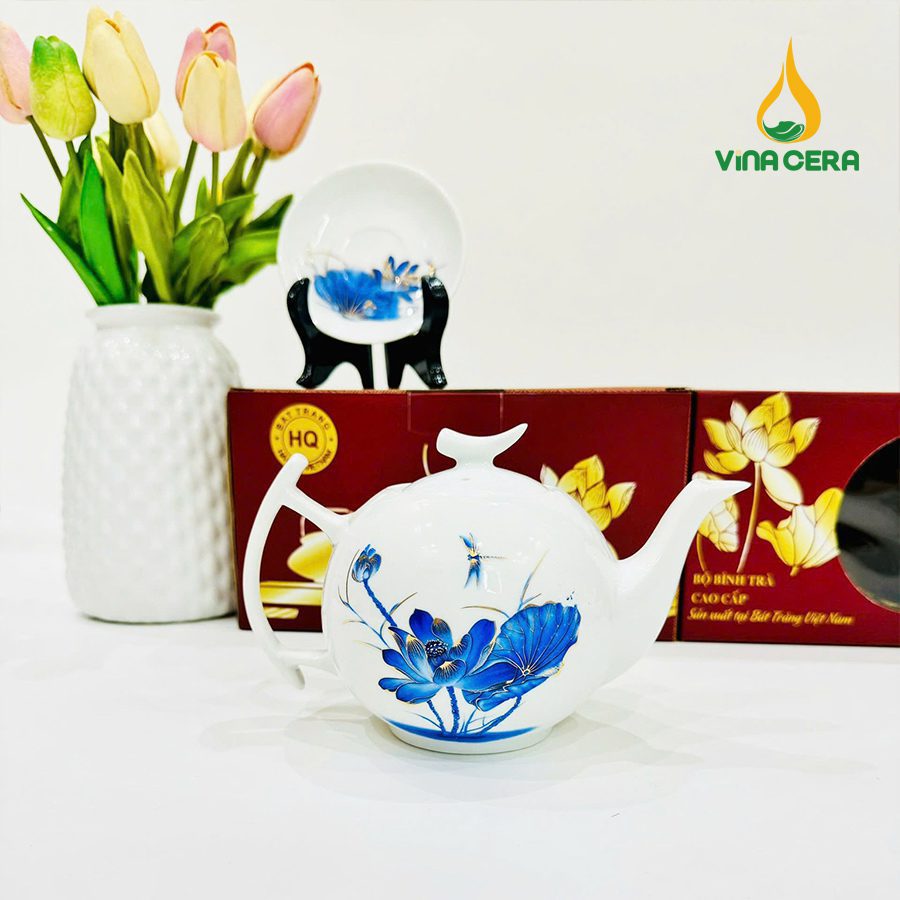 Bộ Ấm Trà Viền Vàng Sen Chuồn Xanh VN AC 54