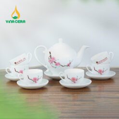 Bộ Trà Sứ Trắng Vẽ Hoa Đào in logo quà Tết VNAC04