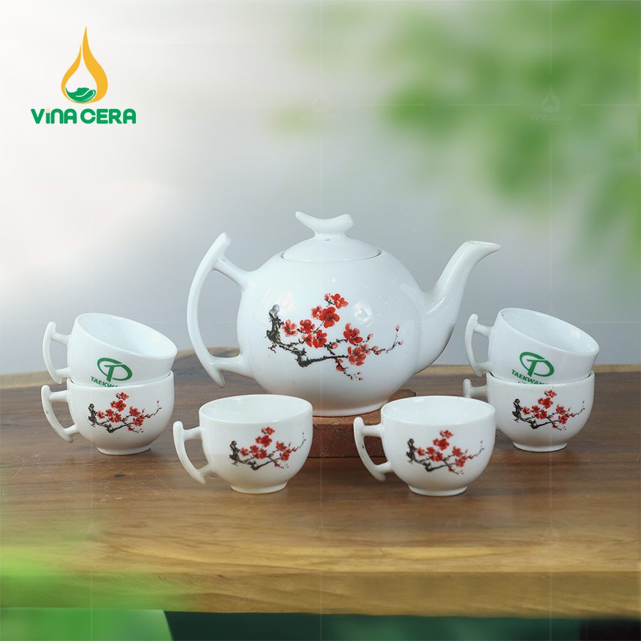 Bộ Trà Trăng Khuyết vẽ Hoa Đào Đỏ Cổ Phong VNAC 06 Bộ Trà Trăng Khuyết vẽ Hoa Đào Đỏ Cổ Phong