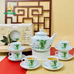 Bộ Trà men Trắng Vuông Lùn In Tre
