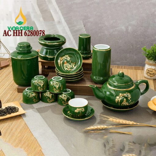 Bộ ấm Chén Quả Đào Men Xanh Ngọc