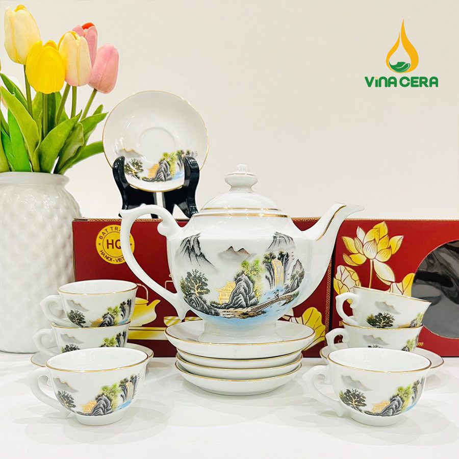 Bộ ấm Trà Bát Tràng Kẻ Vàng Hoa Văn Sơn Thủy VN AC 55 Bộ ấm Trà Bát Tràng Kẻ Vàng Hoa Văn Sơn Thủy VN AC 55
