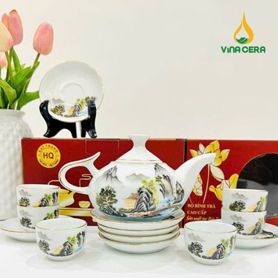 Bộ ấm Trà Bát Tràng Kẻ Vàng Hoa Văn Sơn Thủy VN AC 55 Bộ ấm Trà Bát Tràng Kẻ Vàng Hoa Văn Sơn Thủy VN AC 55