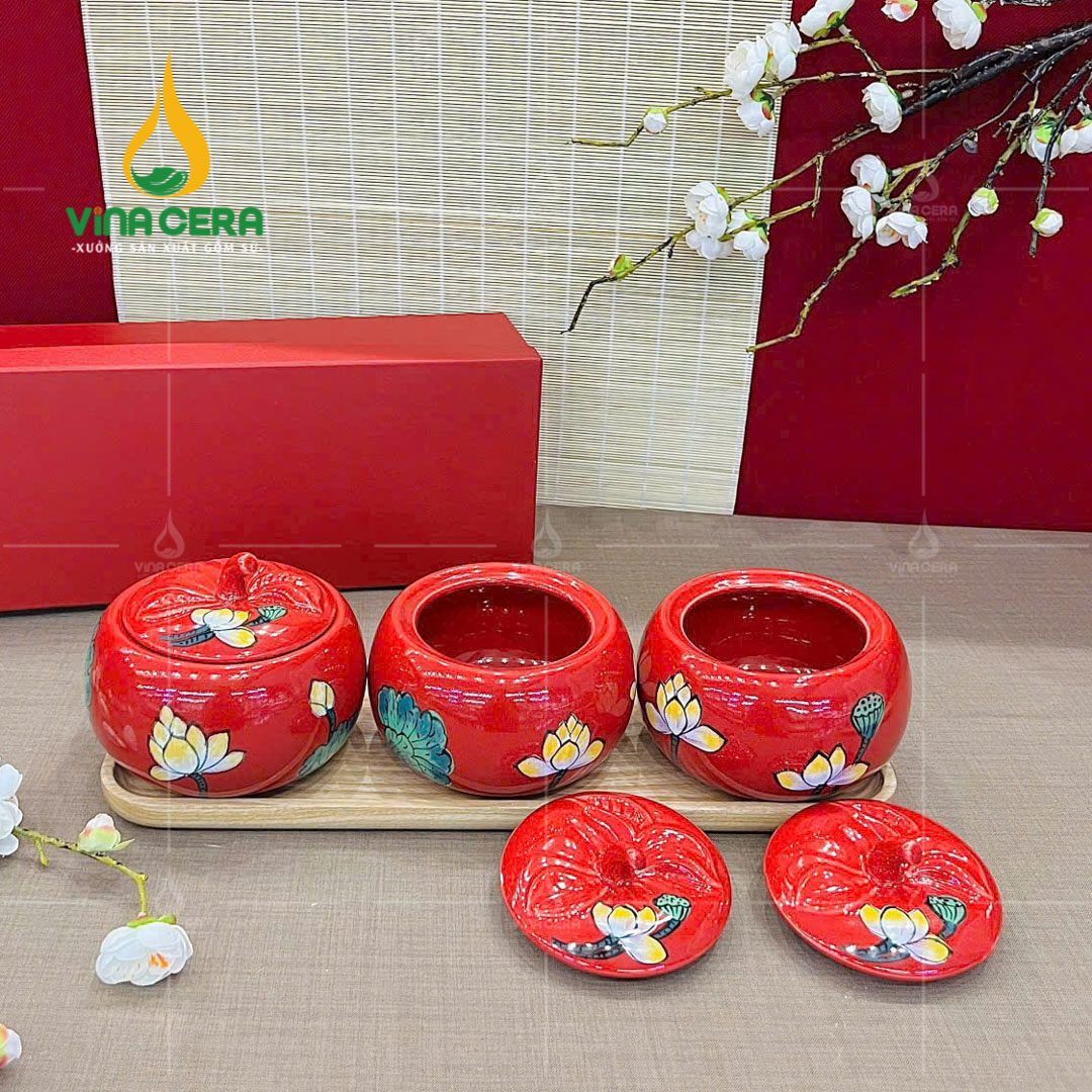 Bộ Hũ Đựng Mứt Sứ Tròn Nắp Trái Bí