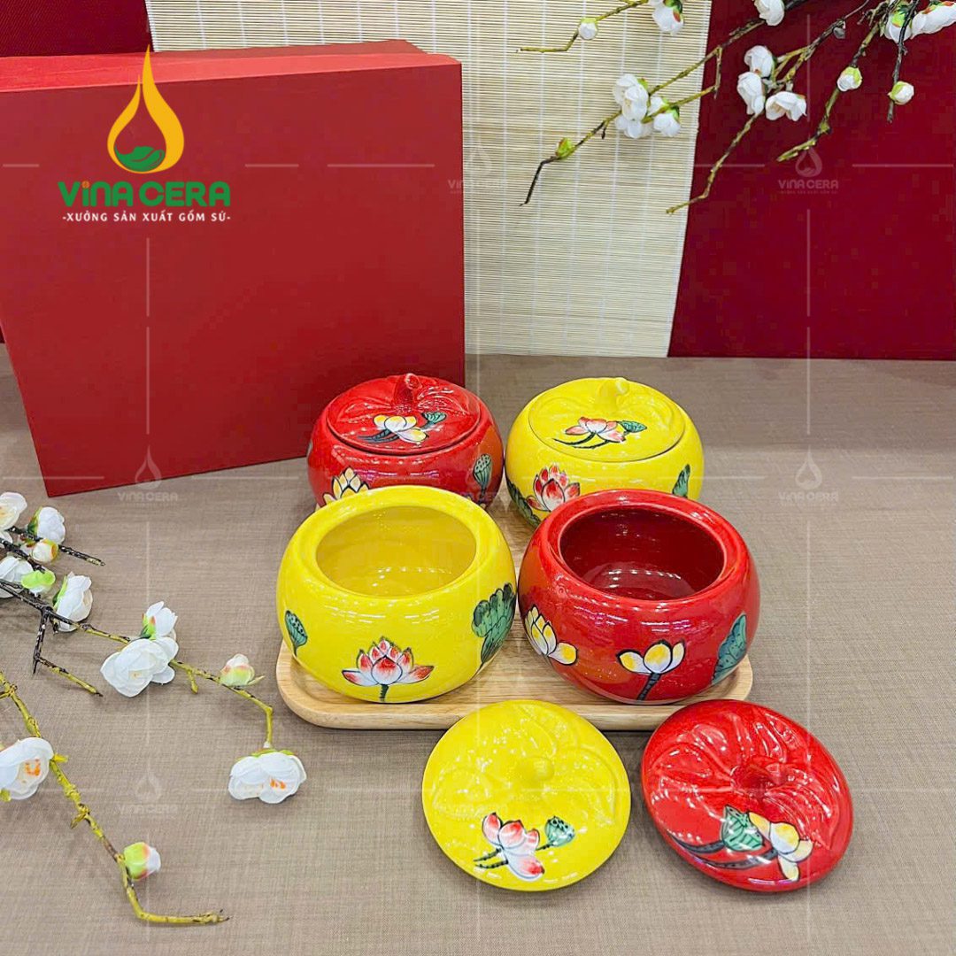 Bộ Hũ Đựng Mứt Sứ Tròn Nắp Trái Bí