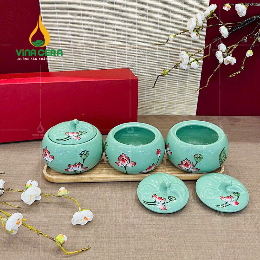 Bộ Hũ Đựng Mứt Sứ Tròn Nắp Trái Bí