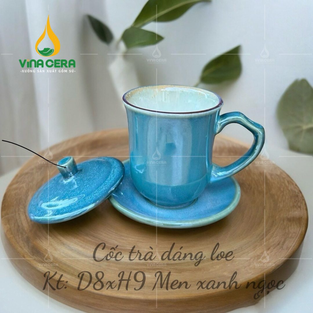 Ly sứ miệng loe có nắp men hỏa biến