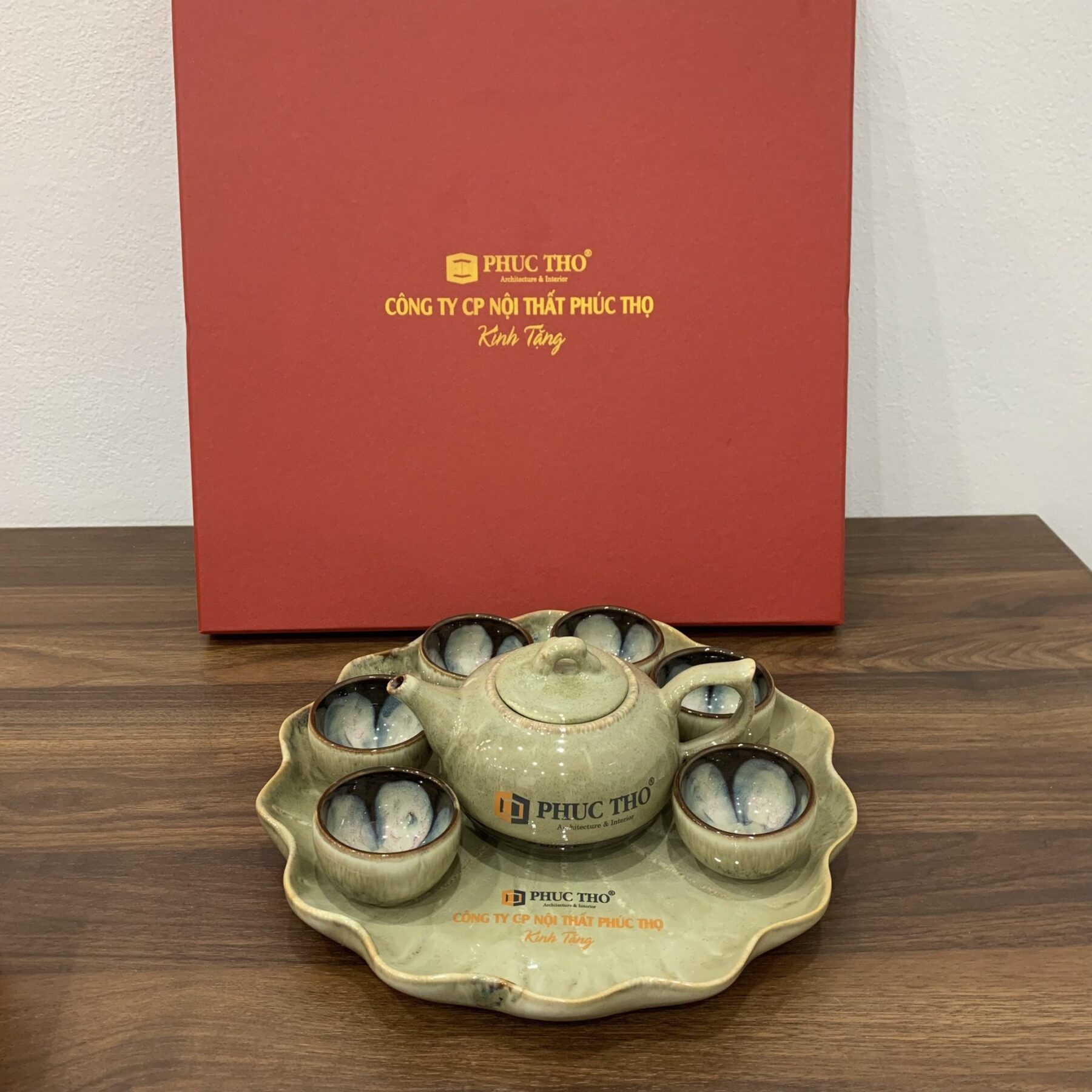 ấm chén hoa biến in logo